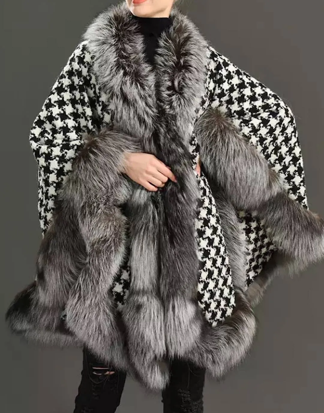 Wool Fox Fur Trimmed Houndstooth Poncho