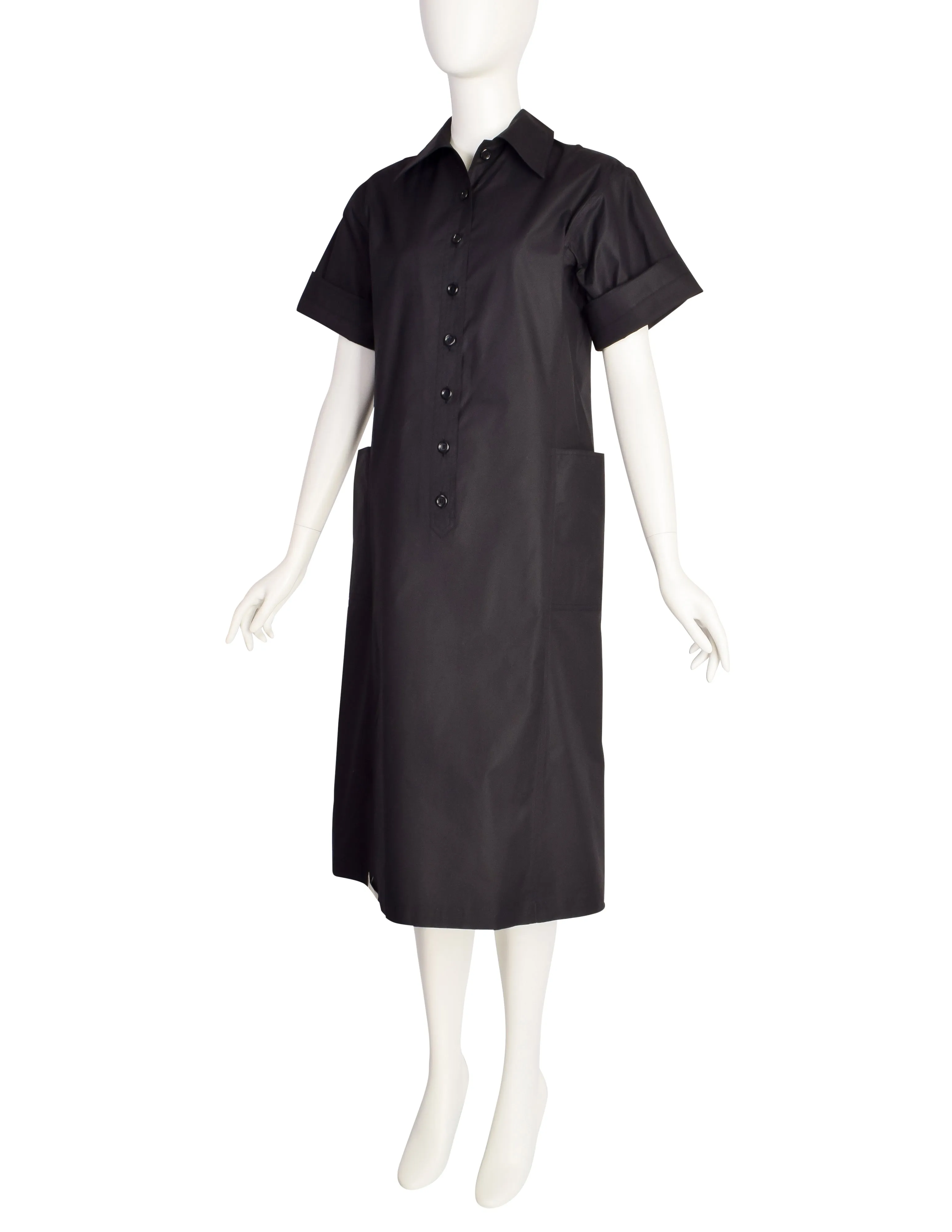 Yves Saint Laurent Vintage 1970s Black Cotton Collared Smock Dress