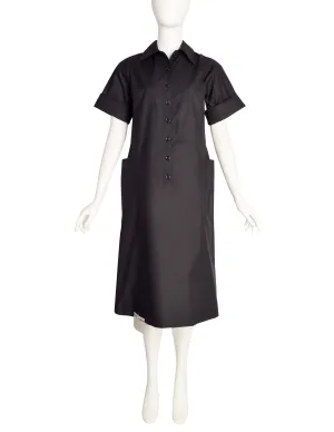 Yves Saint Laurent Vintage 1970s Black Cotton Collared Smock Dress