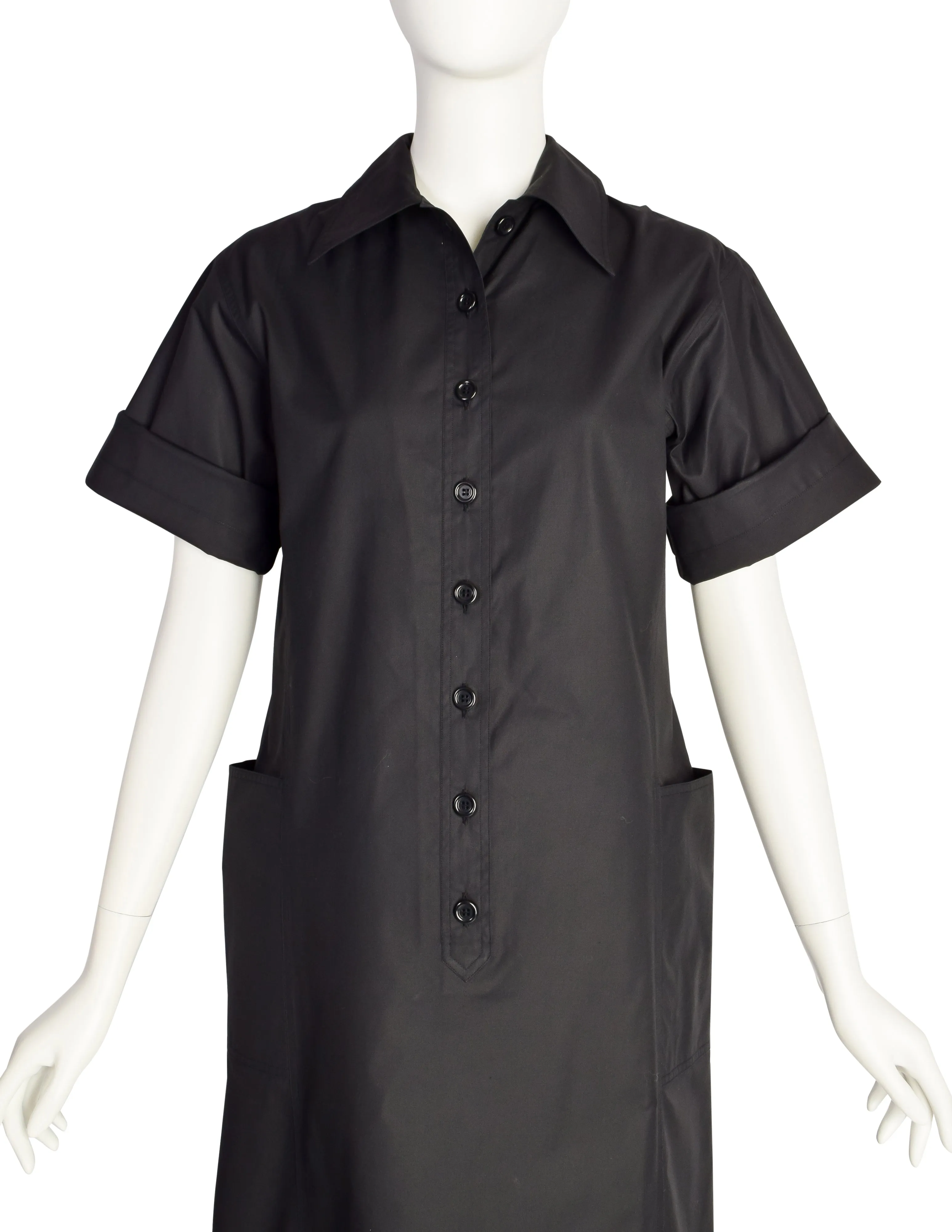 Yves Saint Laurent Vintage 1970s Black Cotton Collared Smock Dress