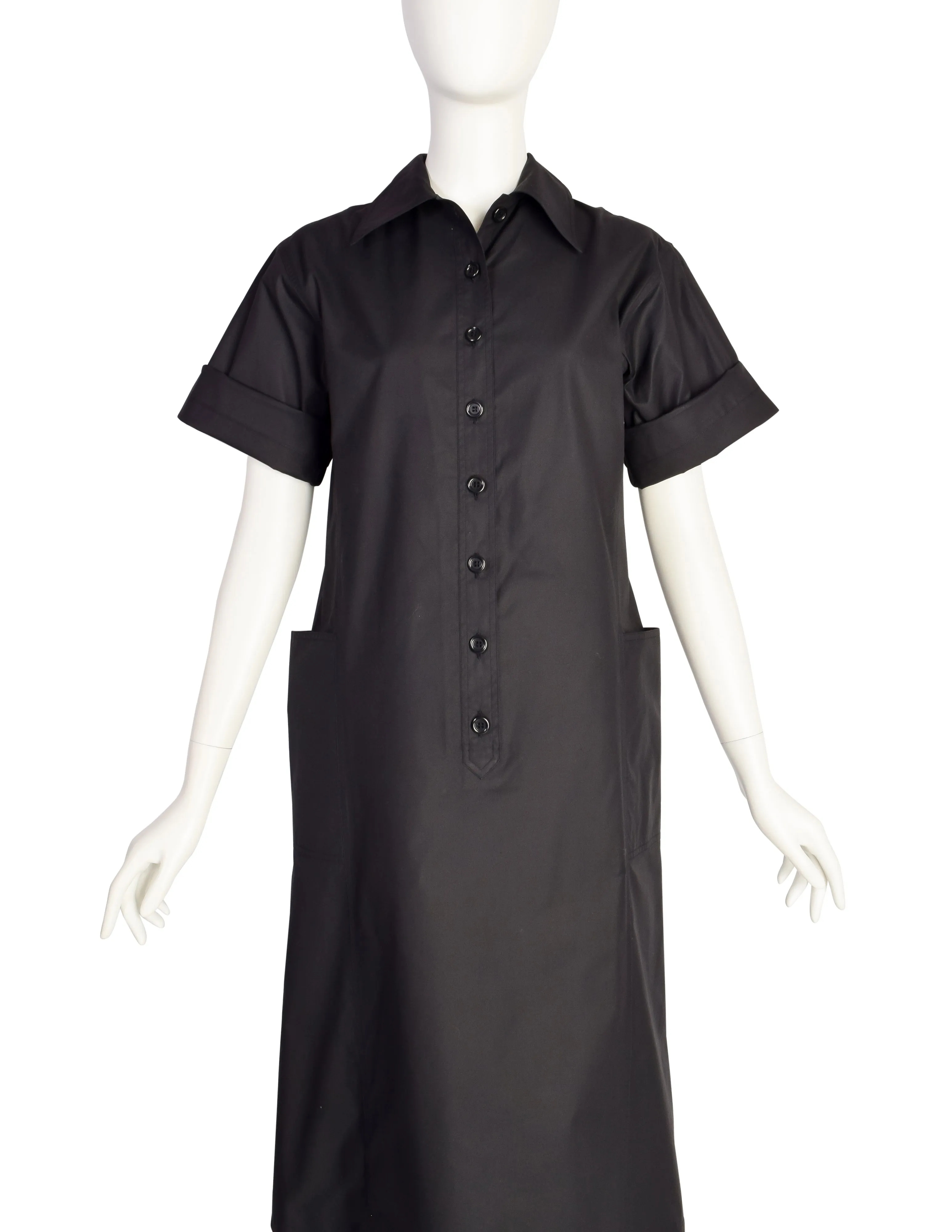 Yves Saint Laurent Vintage 1970s Black Cotton Collared Smock Dress