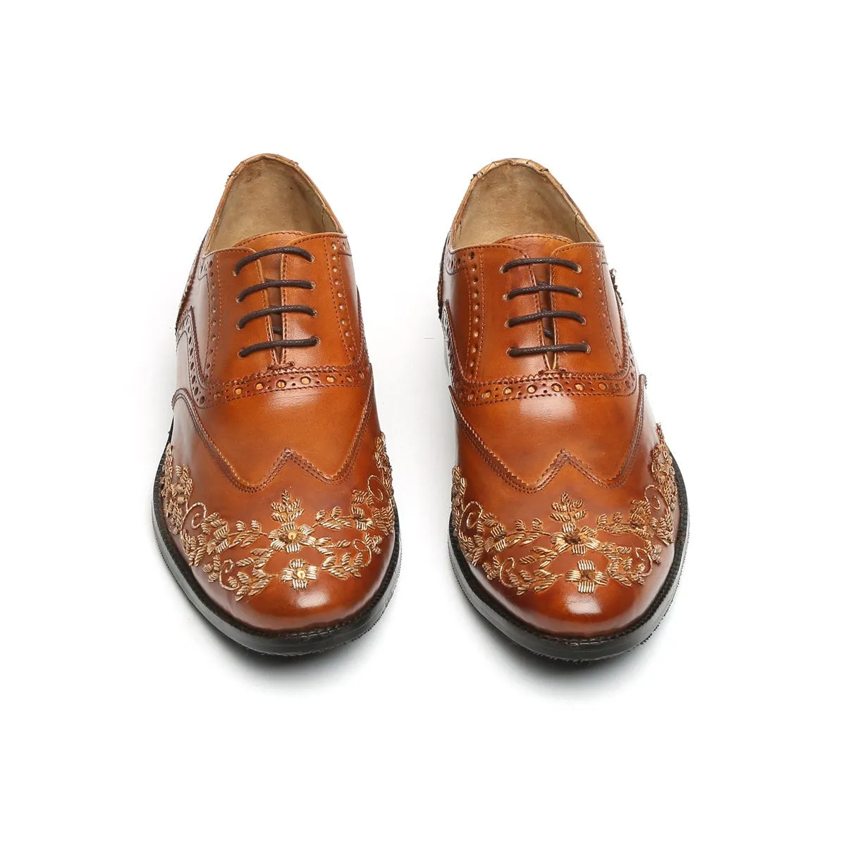 Zardosi Wingtip Oxford Lace-Up Formal Shoes in Tan genuine Leather by Brune & Bareskin